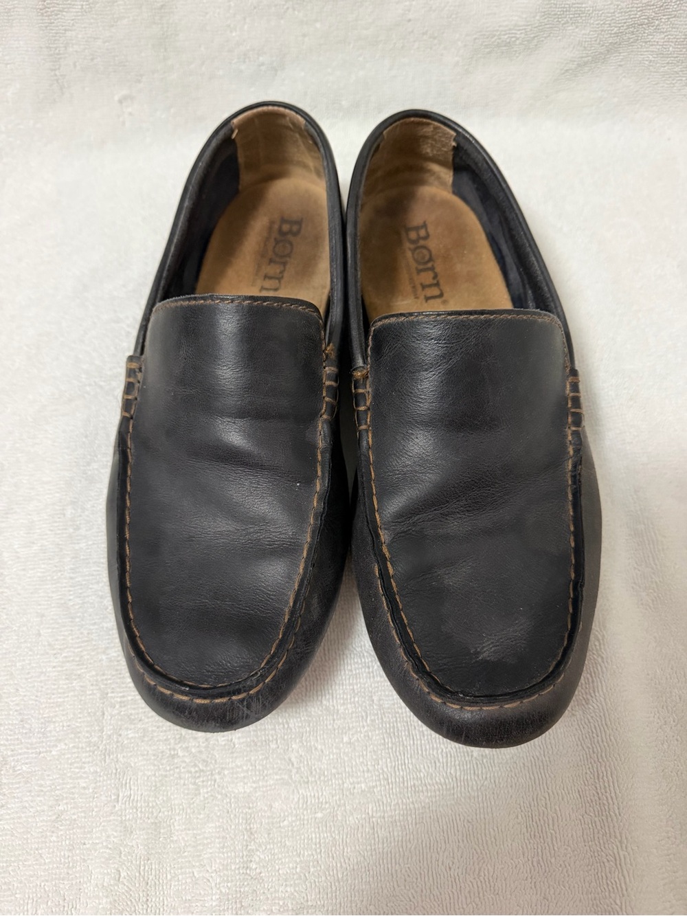 Born Blue Leather Slip-On Loafers with Brown Stitching